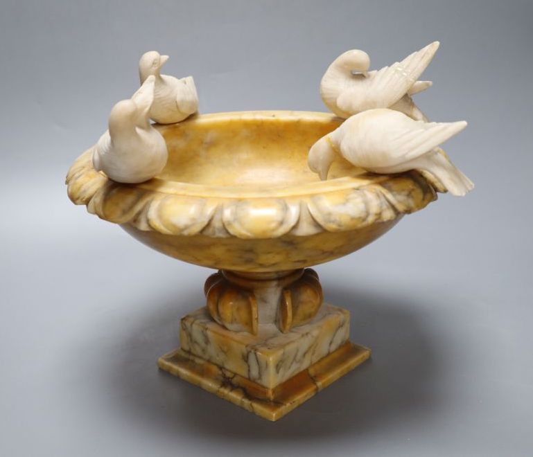 An Italian alabaster Doves of Pliny urn, 26cm diameter